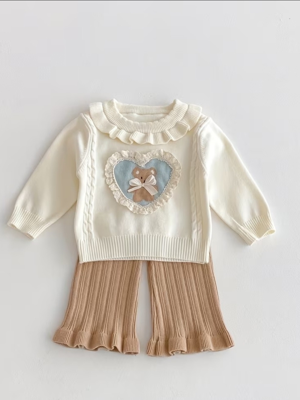 Kids Knit Ruffle Collar Sweater Set with Heart Teddy - Cream & Tan